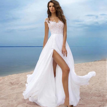 欧美婚纱2023新款包肩蕾丝婚纱小拖尾性感雪纺沙滩白纱开叉长礼服