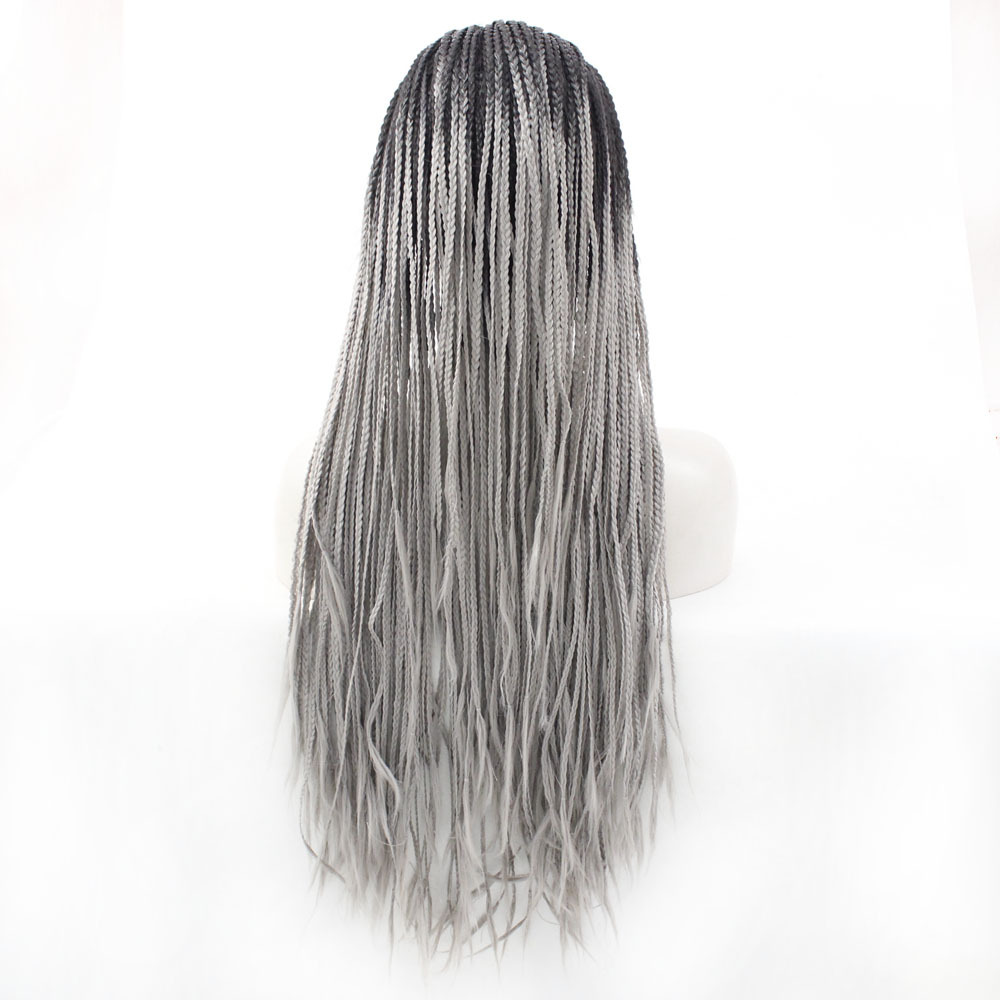 热销欧美时尚假发女三股辫长渐变灰色发套化纤前蕾丝假发厂家直销
