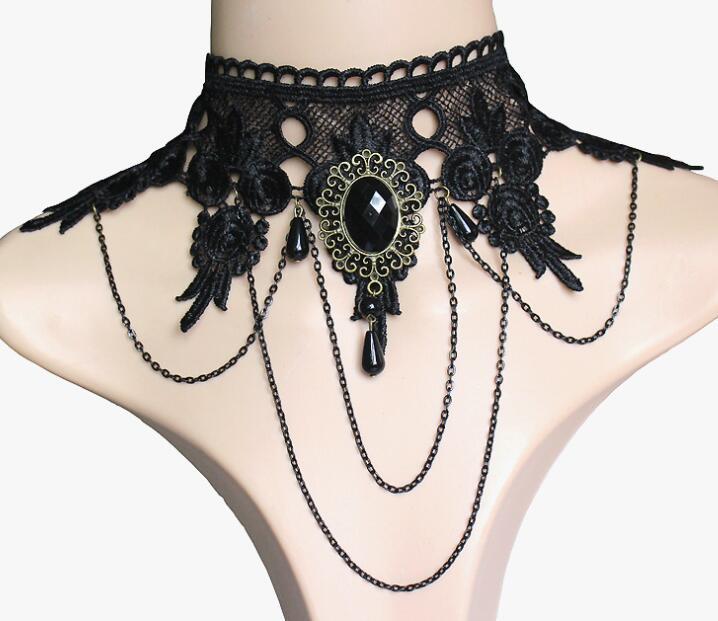 European and American Punk Wide Necklace Black Lace Necklace Banquet Dress Exaggerated Tassel Pendant Clavicle Chain Female Wholesale