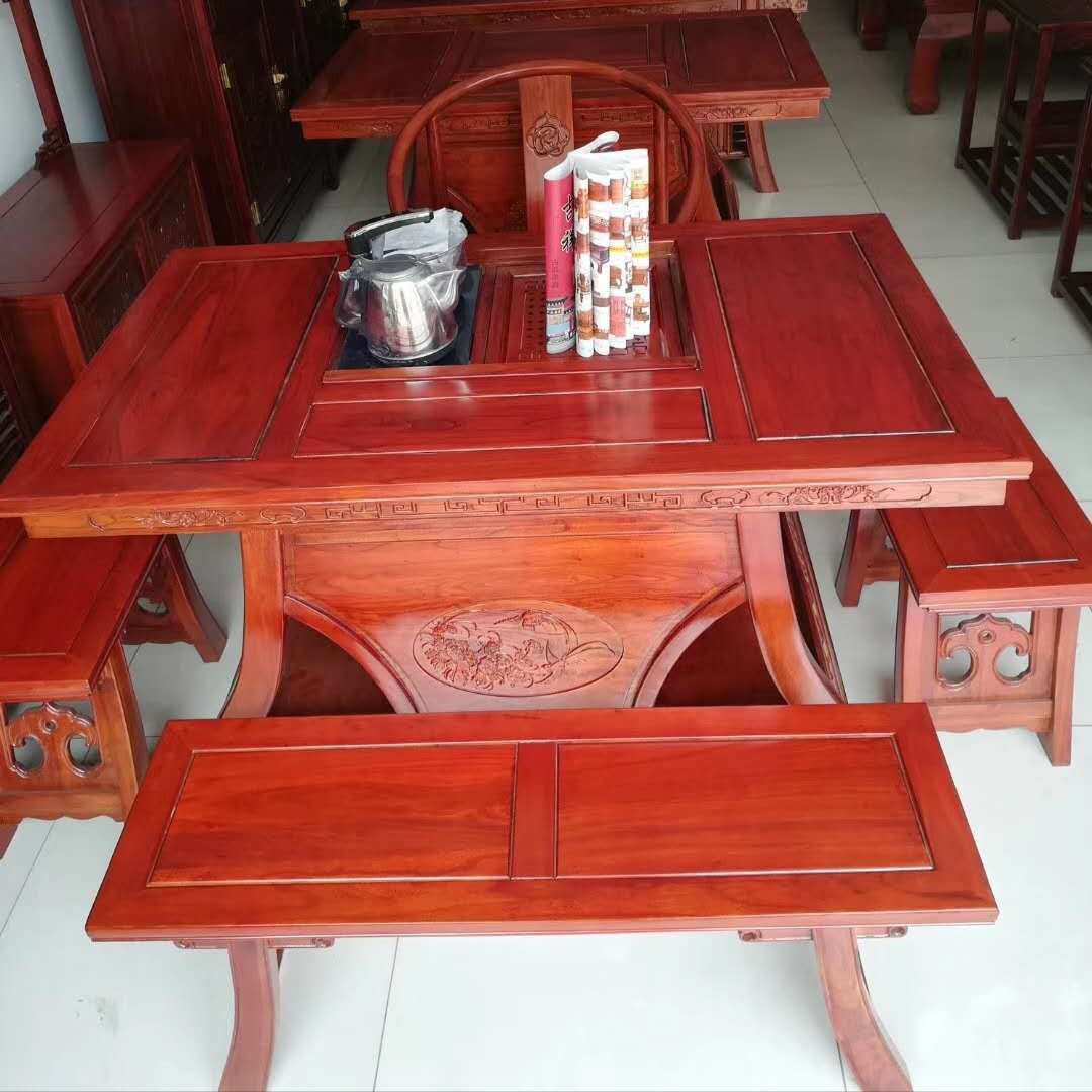 新中式小户型元宝茶桌椅组合 老榆木仿古1.6米功夫茶台实木茶艺桌