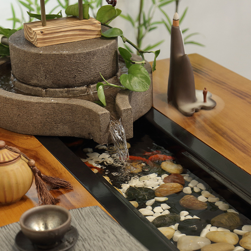 新中式循环流水茶台 全实木创意养鱼茶桌禅意仿古功夫茶桌椅组合