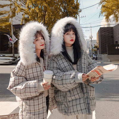 闺蜜装格子棉服2019冬季新款ins短款面包服大毛领羽绒棉衣女棉袄