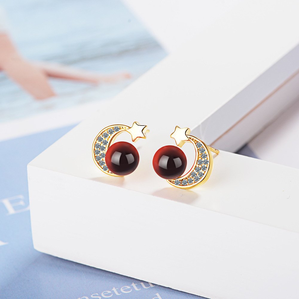 石榴石星星月亮耳钉女款小清新红色石简约耳坠 网红潮人饰品耳饰