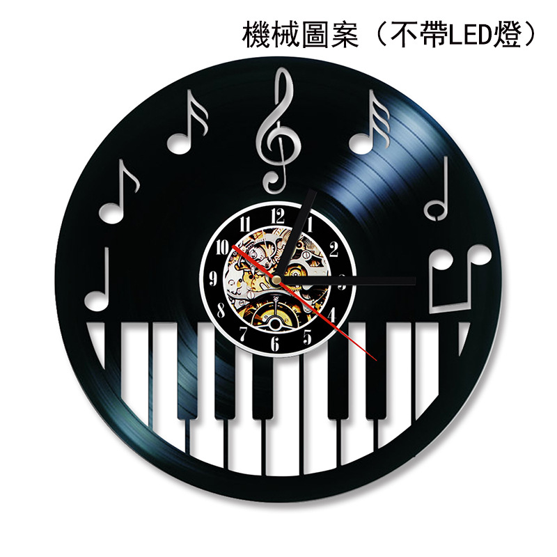 空心钢琴键盘乙烯基创意时钟黑色圆形led壁音乐装饰艺术