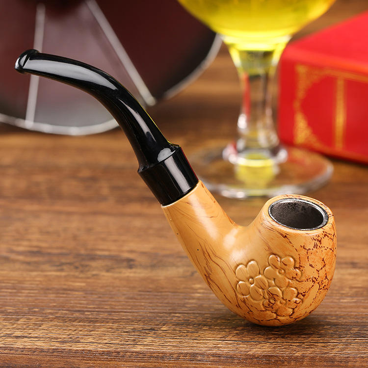 雕刻木纹花朵造型树脂烟斗 亚克力弯柄木质烟斗男士烟斗厂家批发