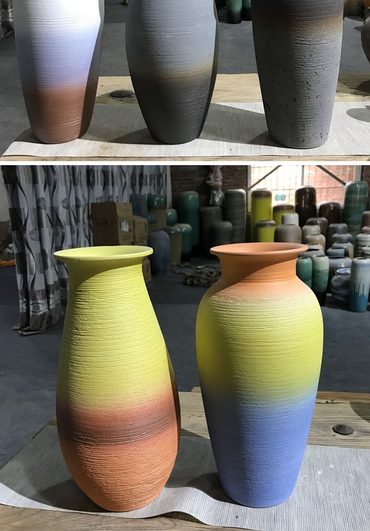 陶土花瓶中式干花酒店软装摆件美式土陶复古做旧粗陶罐手工插花器