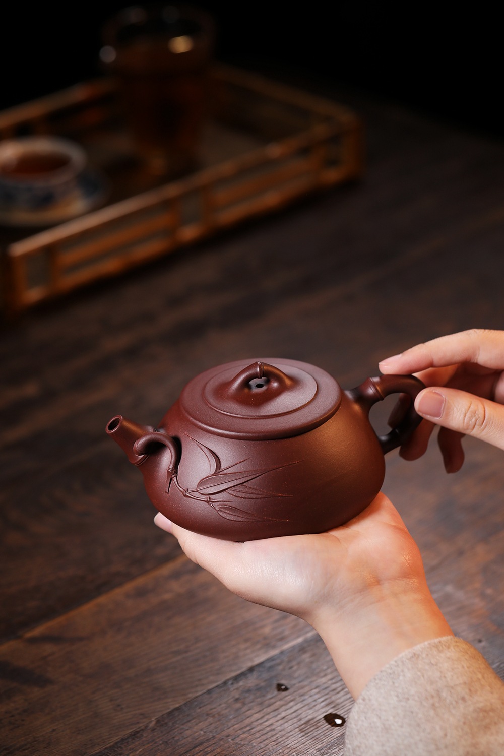 宜兴紫砂壶名家全手工家藏红砂紫泥竹节石瓢壶 精品茶具礼品套装