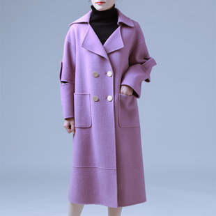 双面羊绒大衣女中长款过膝紫粉色韩版西装领高端时尚羊毛呢外套