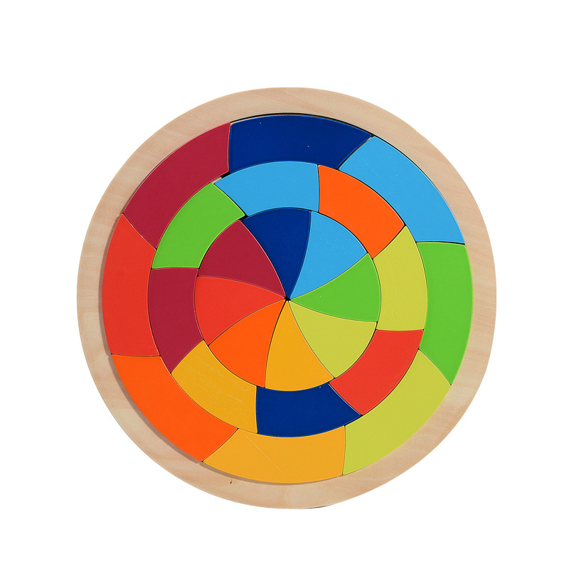 木制七彩虹圆形拼图积木圆盘拼板创意儿童早教益智玩具拱形叠叠乐