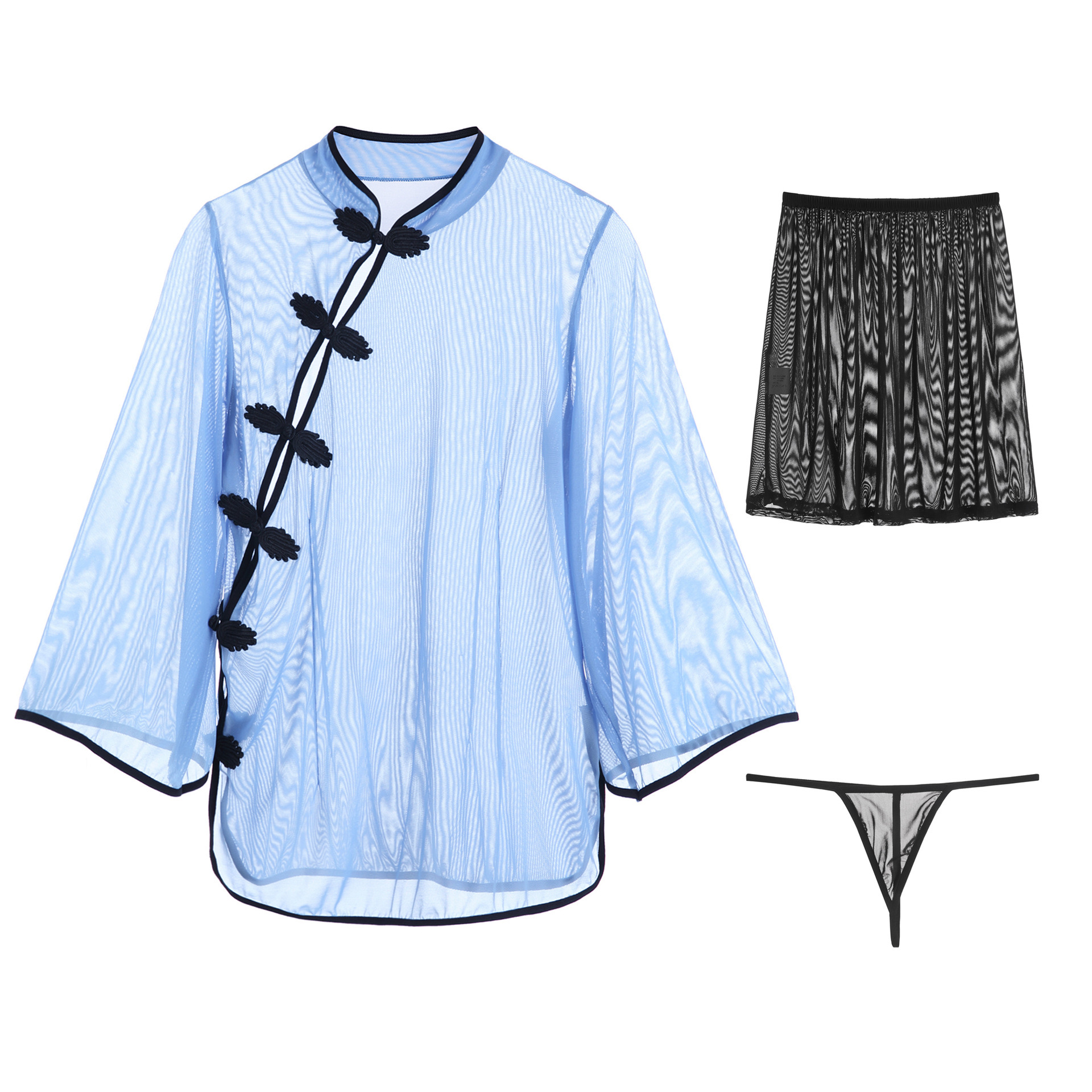 惹火猫情趣内衣角色扮演网纱民国风蓝色上衣黑色短裙t裤套装r 086