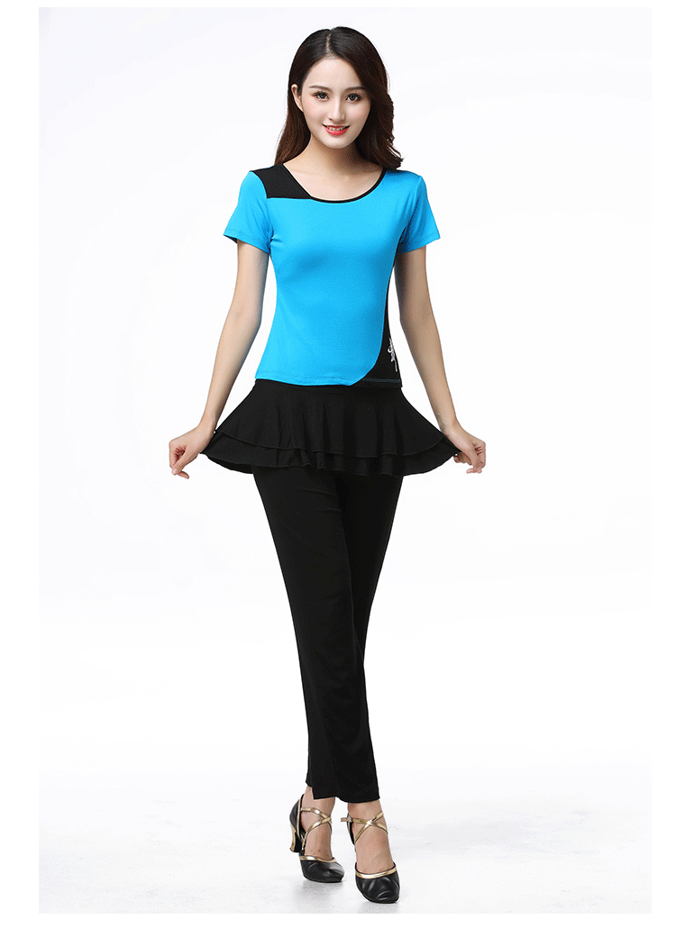 广场舞服装新款套装莫代尔上衣侧面印舞字裙裤假两件套装1935