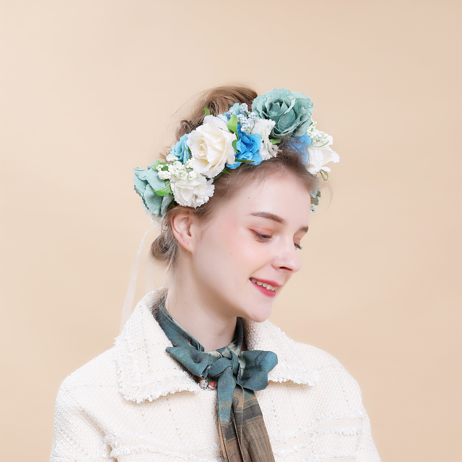 跨境专供 布艺大玫瑰花环头饰欧美女士头花饰品旅游婚纱配饰头环