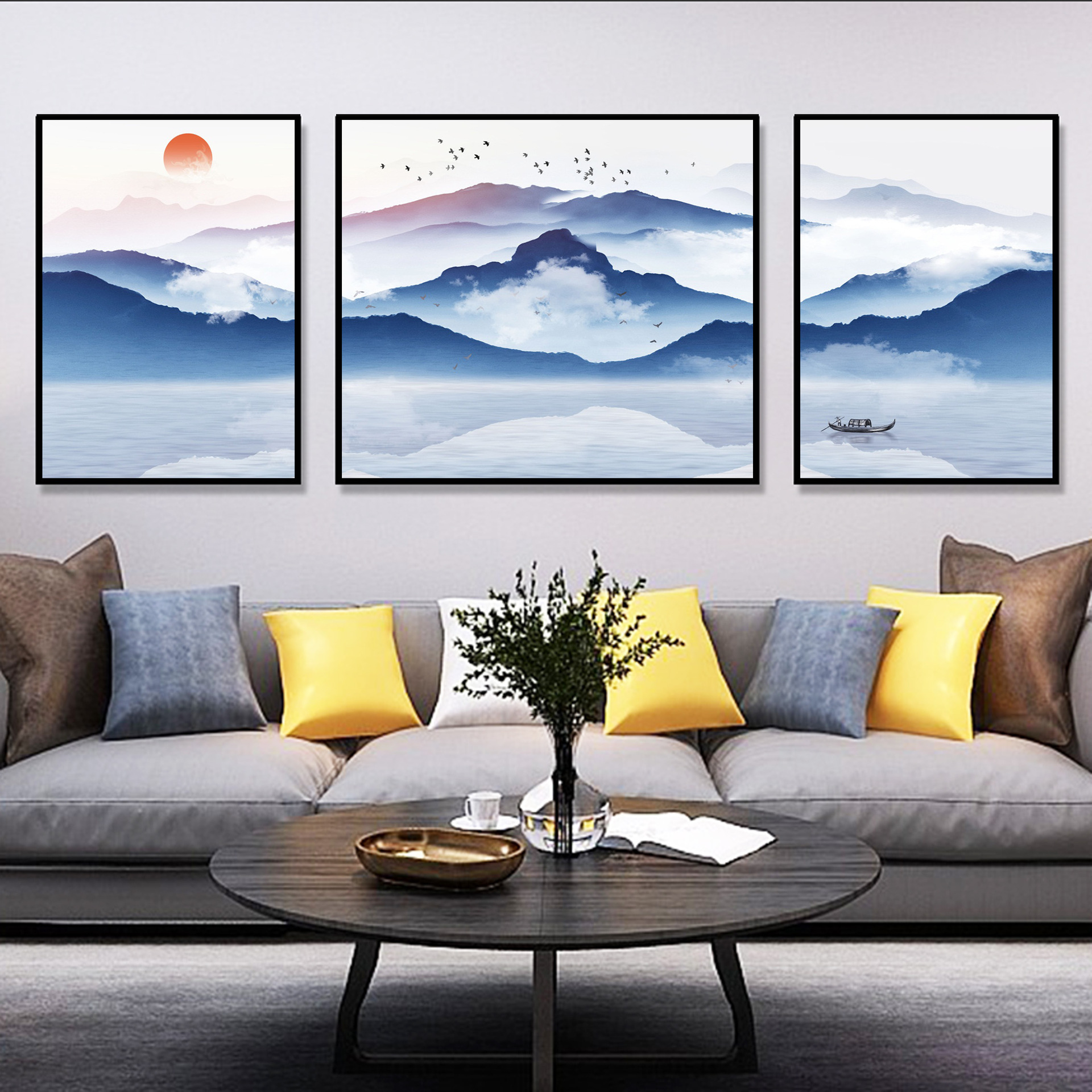 新中式客厅山水装饰画三联现代简约大气水墨风景沙发背景墙壁挂画