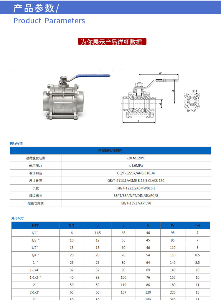 q11f-16p不锈钢三片式丝扣球阀手动全通径内螺纹轻型球阀阀门