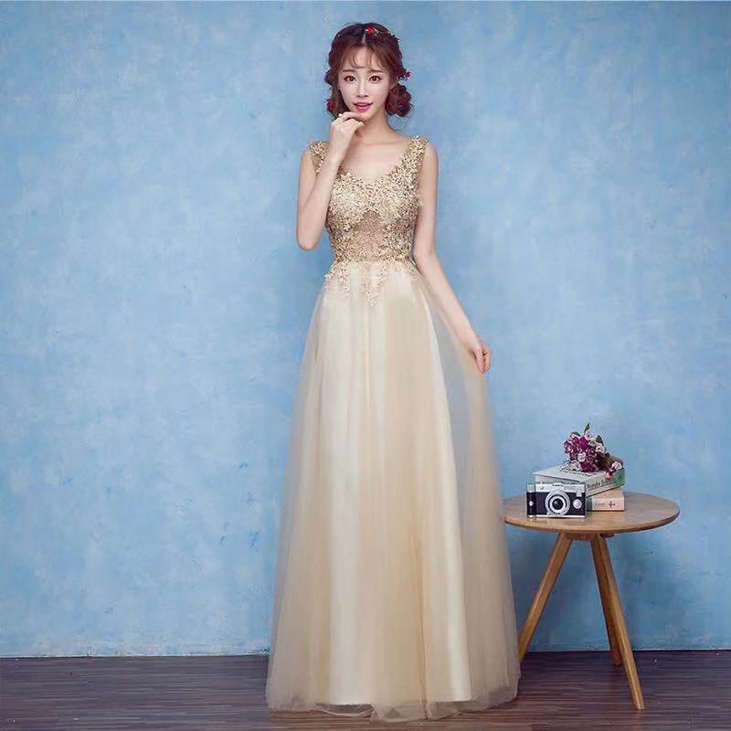 宴会晚礼服2020新款秋香槟色伴娘服长款修身主持人金色晚会连衣裙