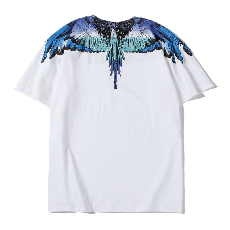 20ss 欧美嘻哈高街新款mb银灰蓝羽毛水滴翅膀短袖纯棉t恤男女同款