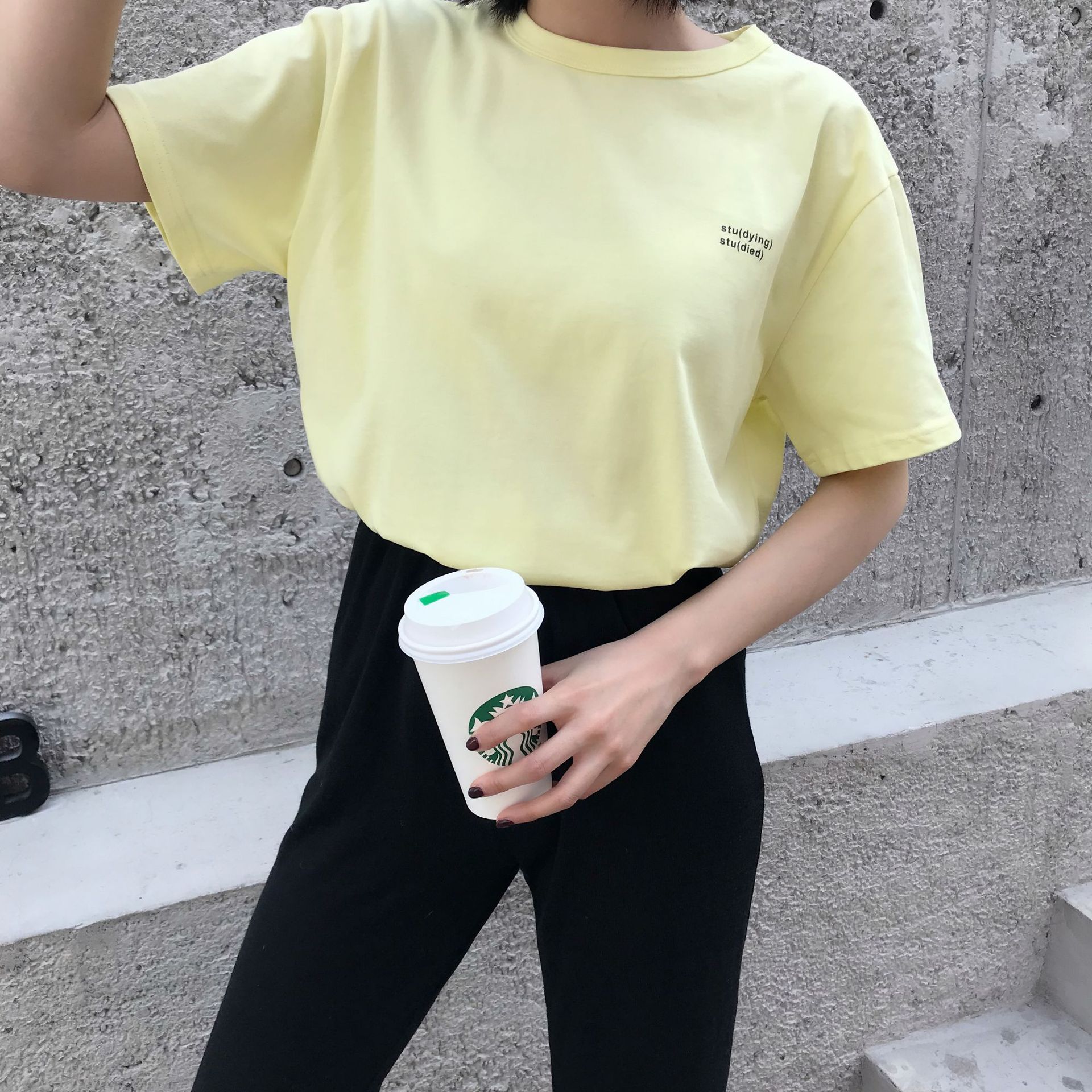 短袖女t恤韩版19春夏新款 简约纯色胸前stu字母印花时尚潮流百搭t
