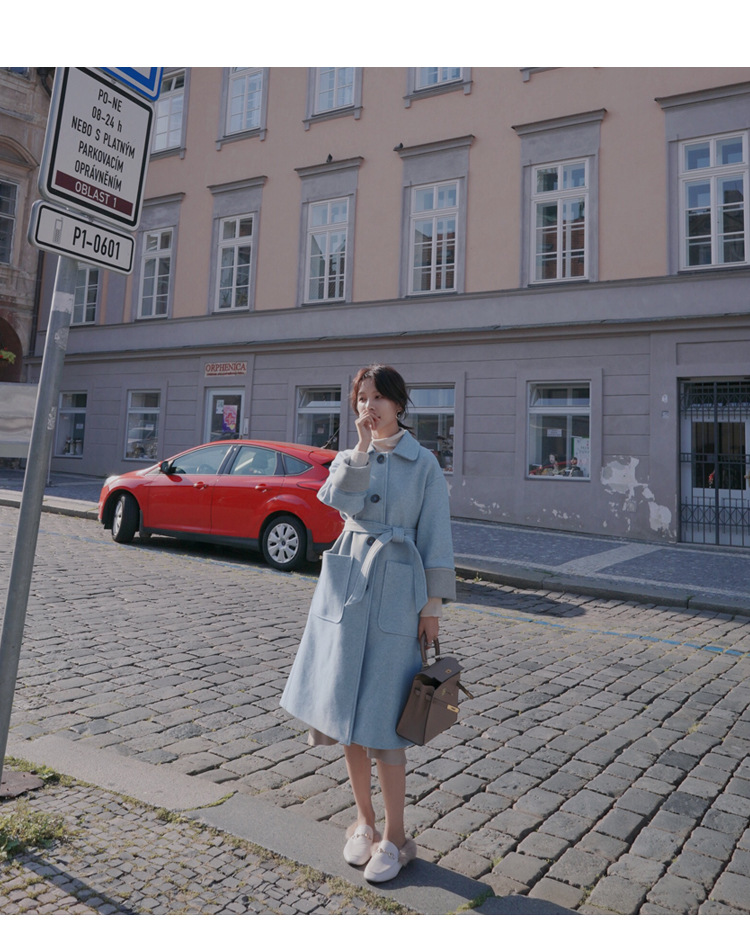 木凡杭州原创设计师品牌女装单排扣中长款撞色毛呢大衣外套女