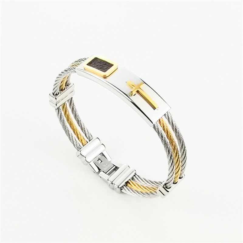 欧美跨境饰品 钛钢三排钢丝编织间金手镯 男士手环 一件代发gh785