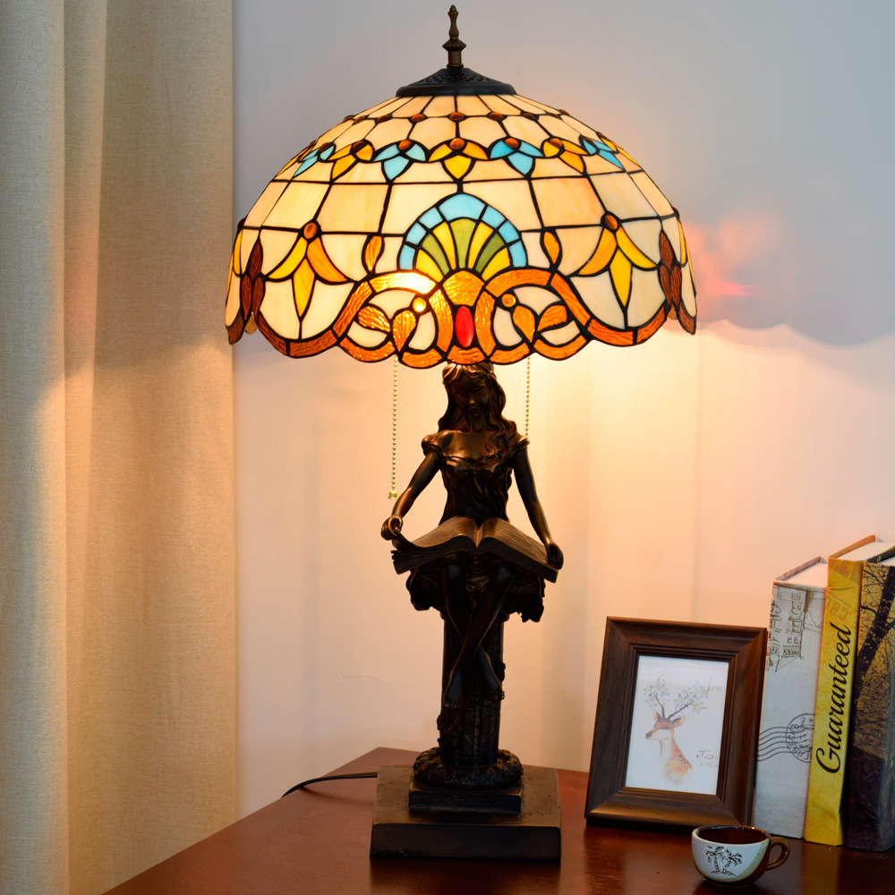 40cm欧式复古巴洛克蒂凡尼彩色玻璃客厅餐厅卧室床头台灯人物灯