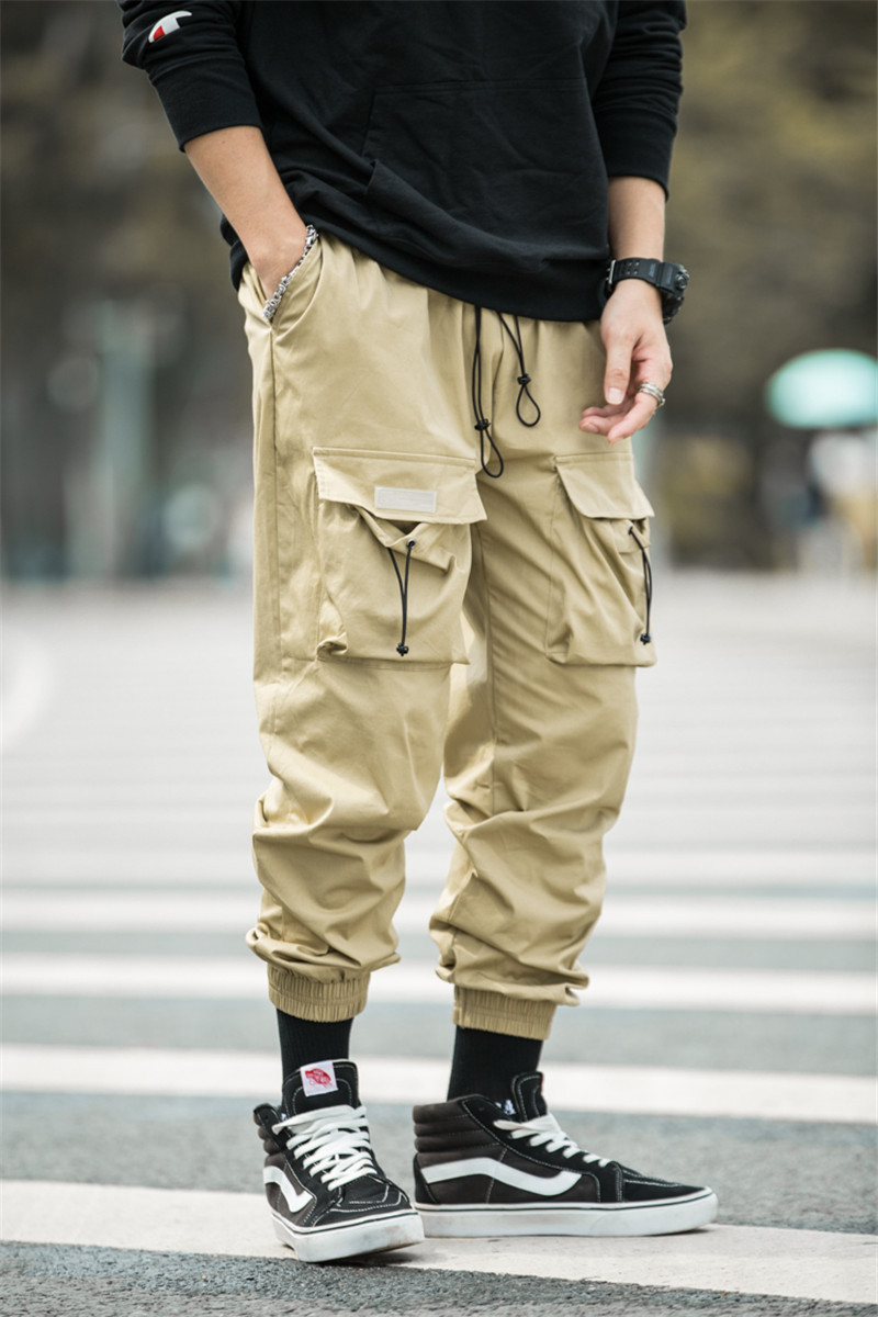 隐蔽余文乐日系抽绳束脚裤宽松多口袋休闲工装裤男运动长裤子男