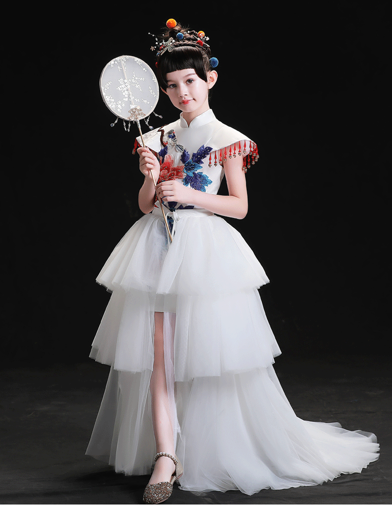 儿童礼服裙古装国潮款2022新款流苏大拖尾演出服女童中国风走秀服