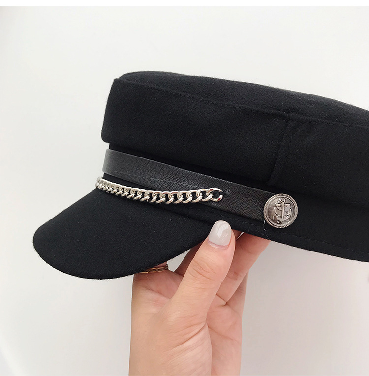 黑色贝雷帽英伦复古鸭舌平顶帽子女韩版潮秋冬毛呢皮带链条海军帽