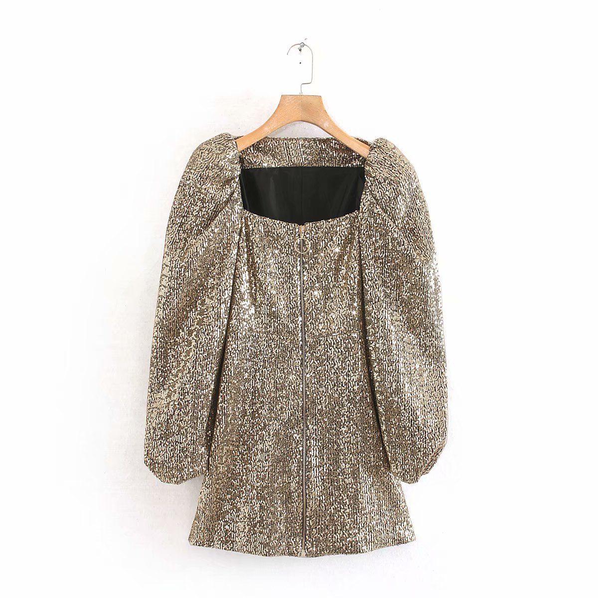 秋季新款女装欧美风翻领长袖拉链装饰珠片显瘦套头连衣裙女式