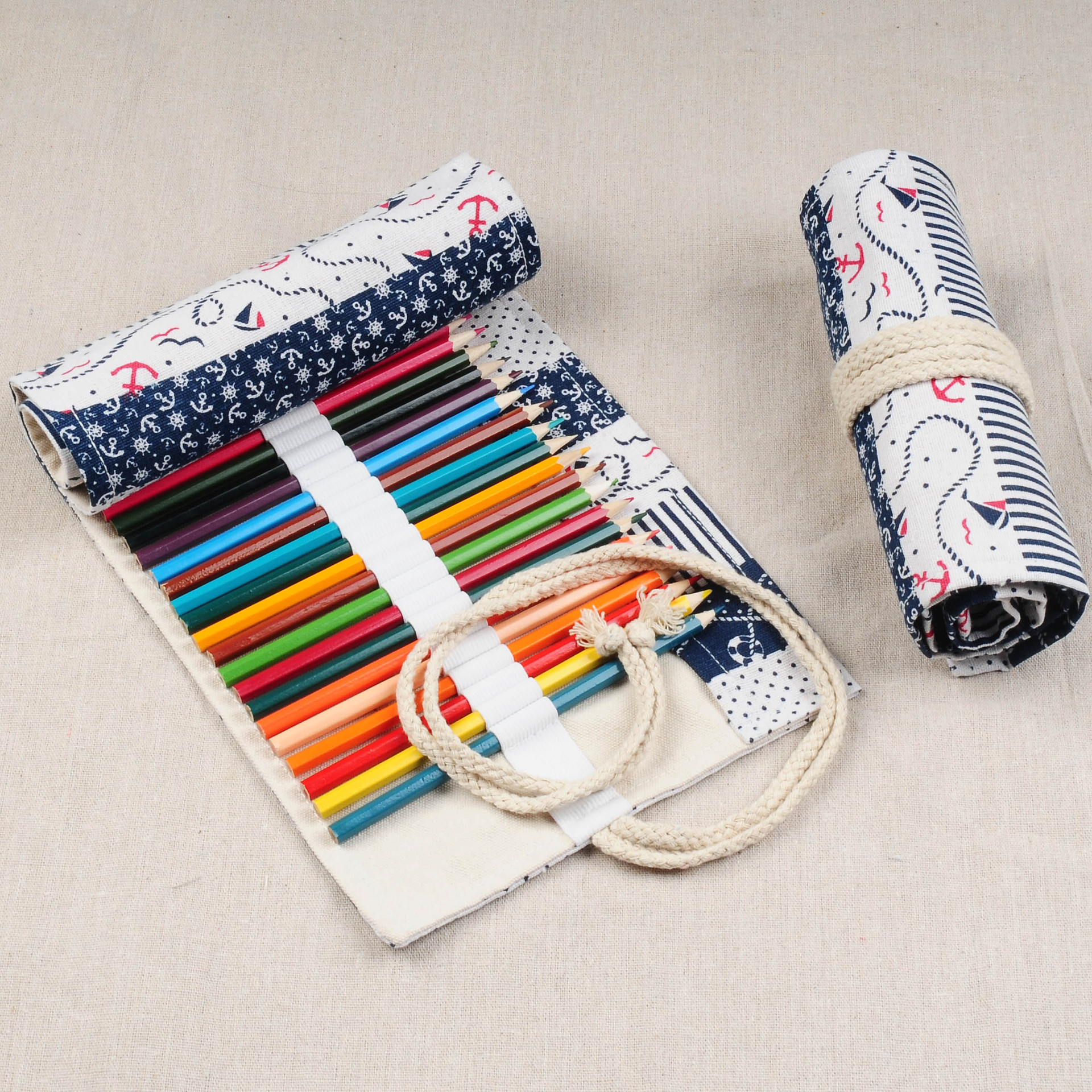 手工创意水手和风帆布笔帘笔袋12支24支36支大容量素描彩铅卷笔袋