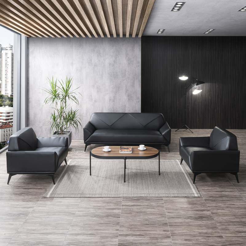 厂家现货办公沙发组合牛皮现代简约商务接待休闲办公室沙发茶几
