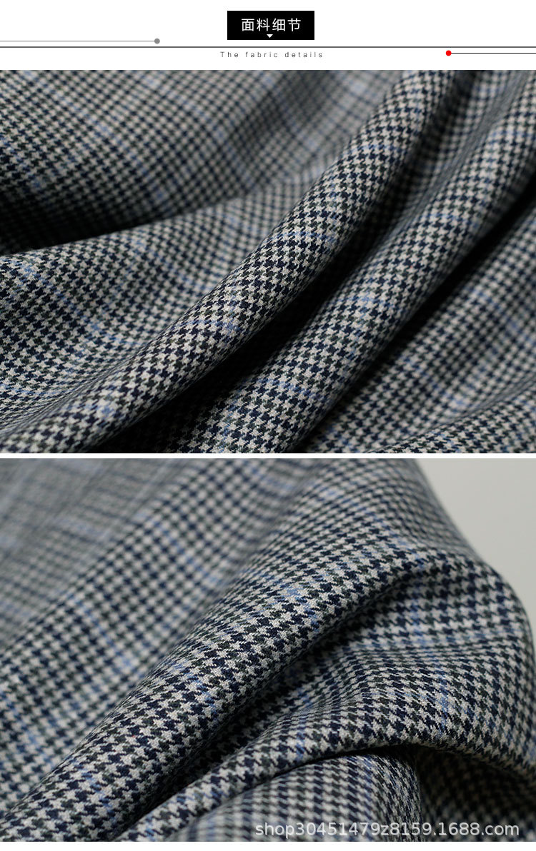 七彩之韵日本蓝灰色织威尔士格纹半精纺羊毛布料女装西装裤子面料