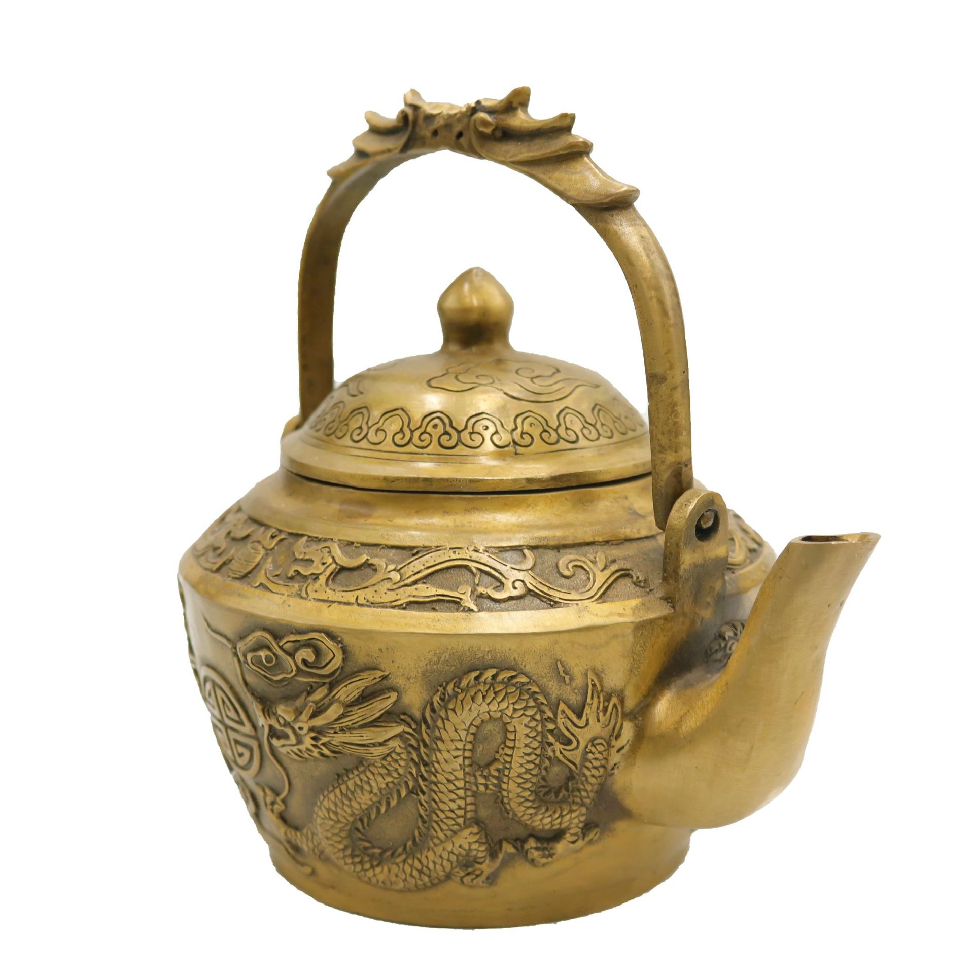 铜壶黄铜龙凤呈祥酒壶茶壶乾隆年制古玩收藏做旧杂项铜器工艺品