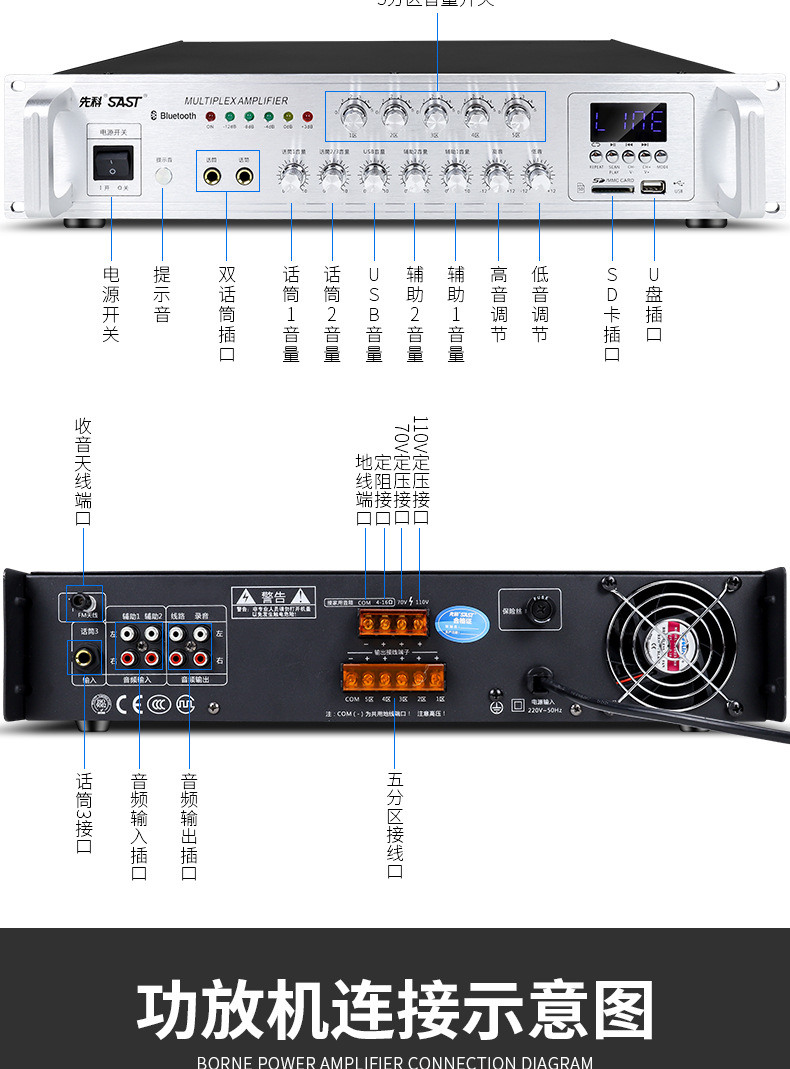 先科sa9019大功率专业功放机蓝牙分区定压公共广播背景音乐放大器