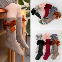 冬季新款童袜粗线针织中筒袜女宝宝保暖棉袜时尚丝绒蝴蝶结堆堆袜