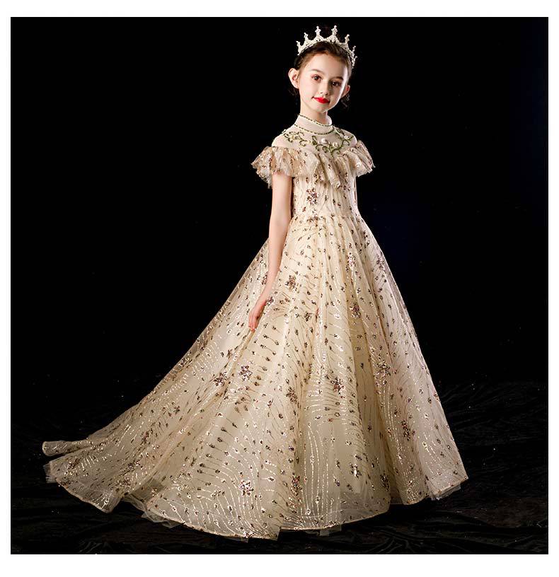 高端儿童礼服拖尾模特走秀钢琴演出服女童小主持人金色礼服公主裙