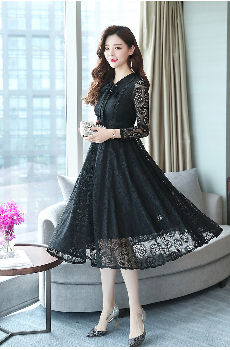 长袖蕾丝连衣裙女2019秋装新款中长款收腰修身气质女神范过膝长裙