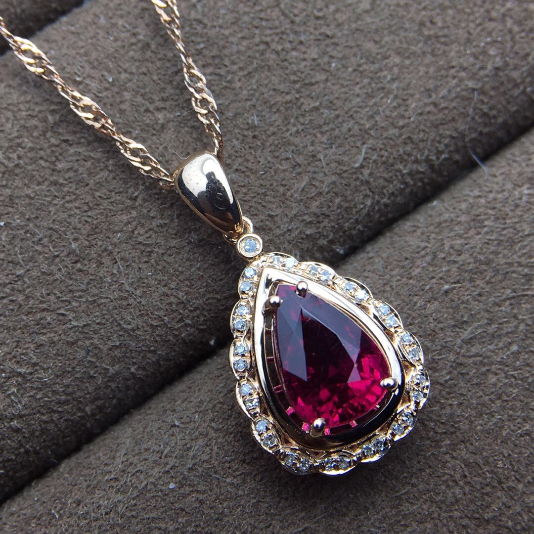 正品 天然鸽血红碧玺吊坠水滴形 18k(玫瑰)金彩色宝石项链礼物