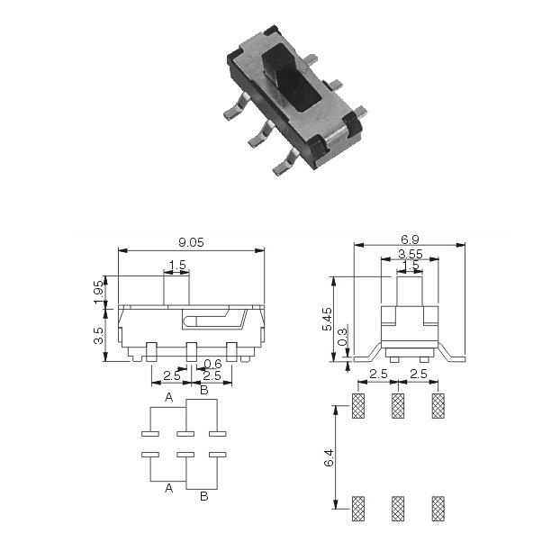 拨动开关 6脚2档 dvd开关mss22d18g2 六脚 立式贴片 手柄2mm
