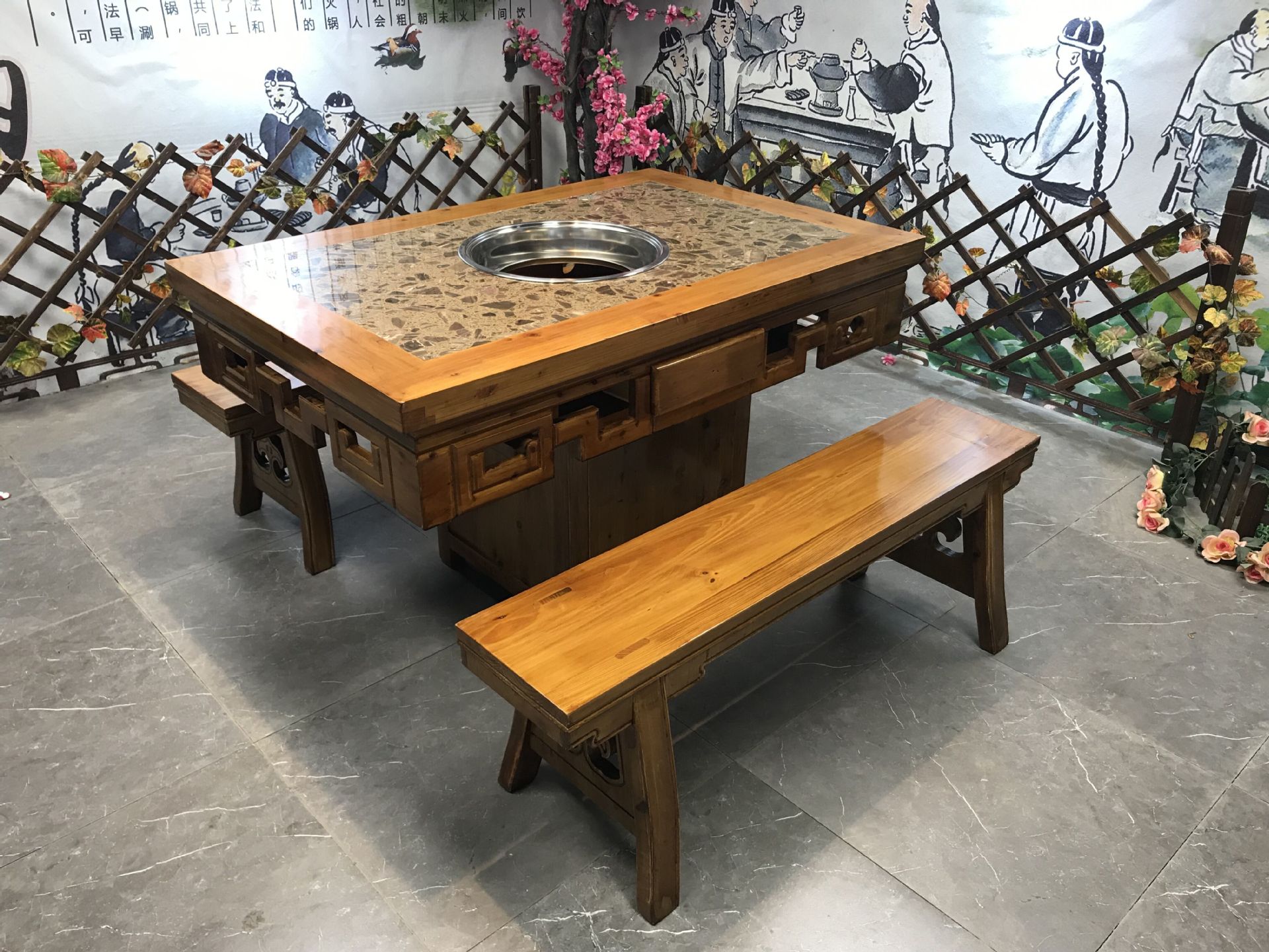 大理石火锅桌小龙坎火锅桌子自助火锅重庆老火锅餐桌椅实木碳化桌