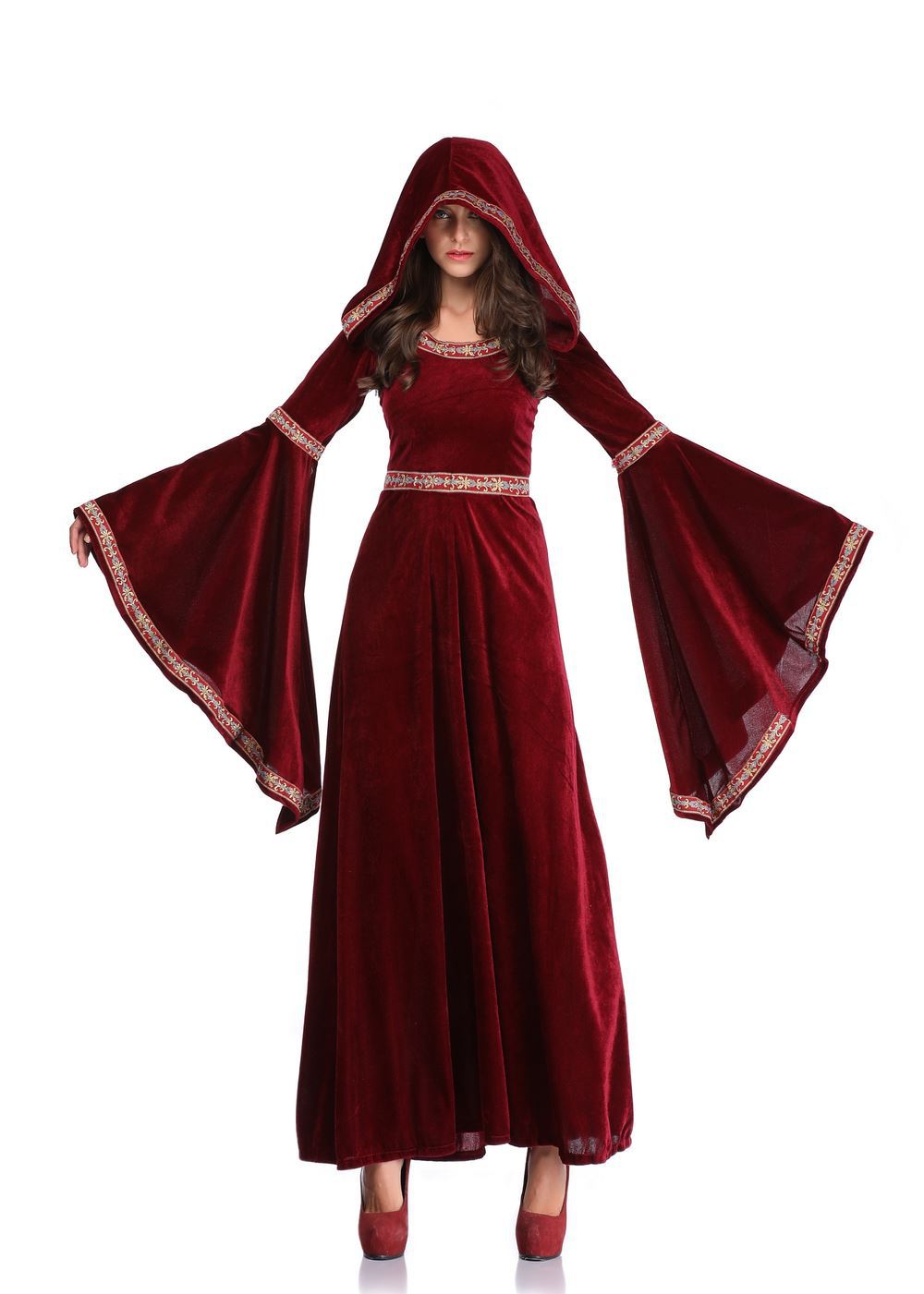 2019新款万圣节酒红色吸血鬼巫师服装 欧洲复古宫廷装扮工厂直销