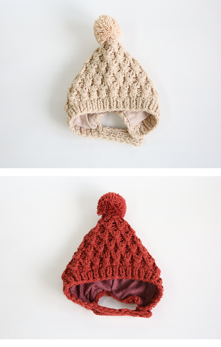 新款宝宝手工针织毛线帽护耳套头帽初生儿棉内衬儿童手钩冬季帽