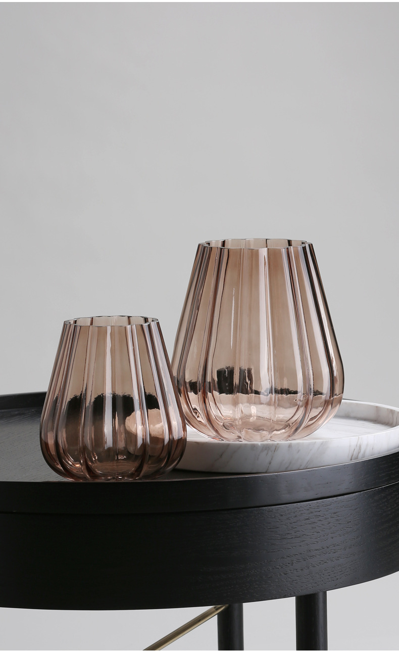 best west新品浅咖色竖楞南瓜造型玻璃花瓶 人工吹制水培宽口花器