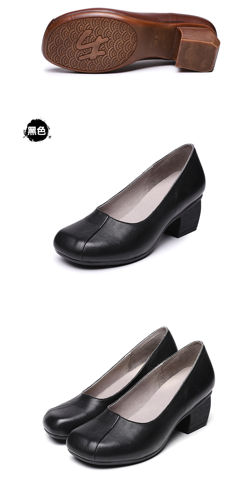 纤纤佳人2019春新款真皮方头女单鞋软底皮鞋工作鞋复古鞋粗跟女鞋