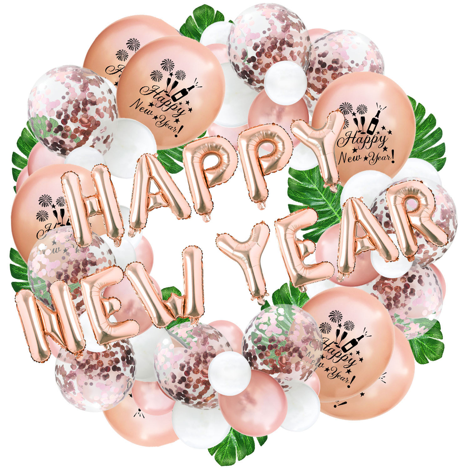 16寸happy new year铝膜气球 新年快乐亮片花环节日 布置装饰套装
