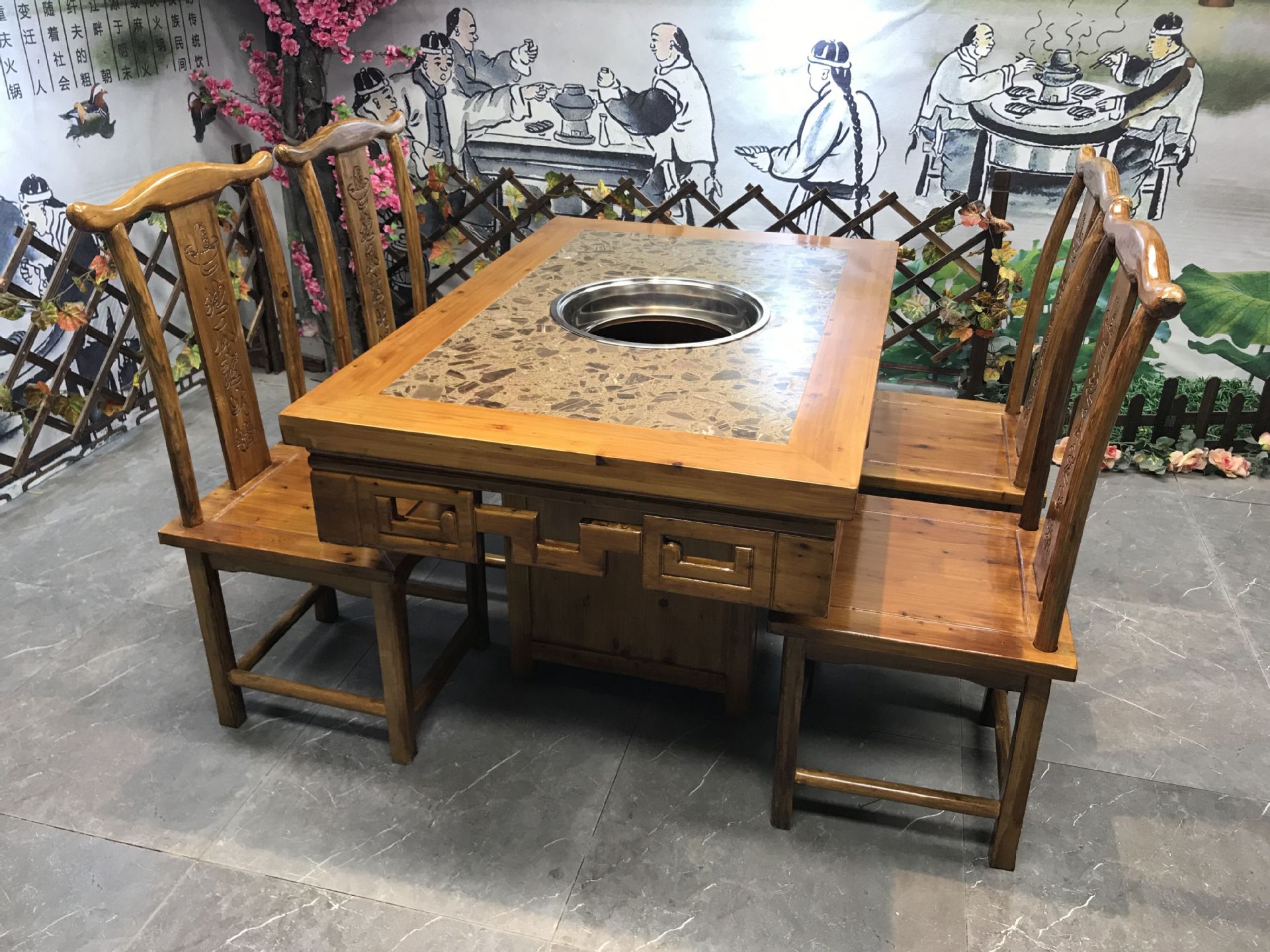 大理石火锅桌小龙坎火锅桌子自助火锅重庆老火锅餐桌椅实木碳化桌