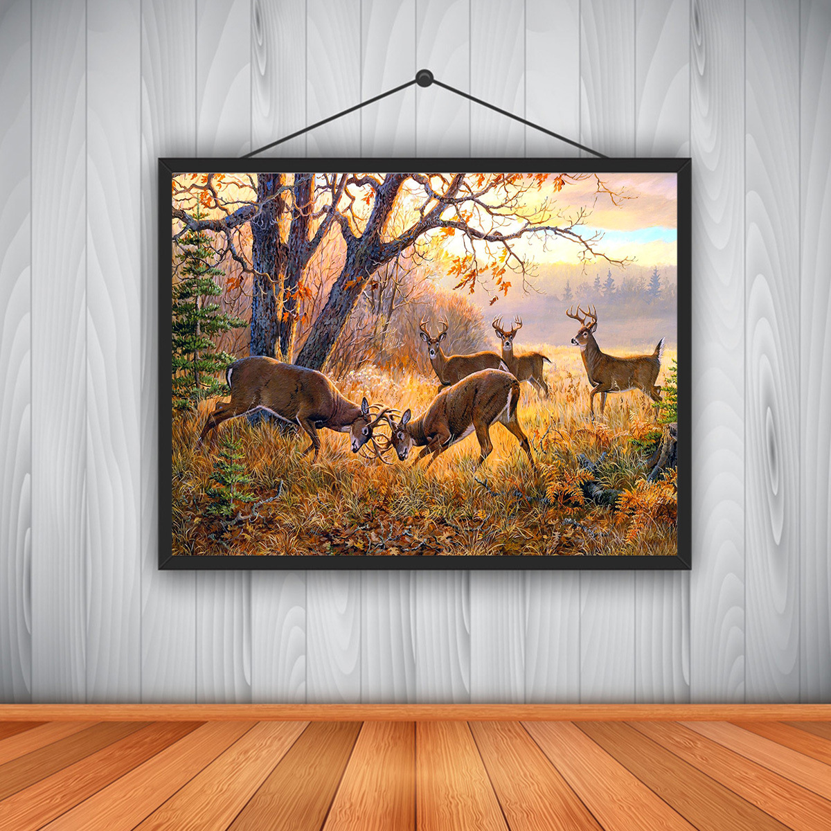 装饰墙艺术动物油画高清打印在画布上的油画驯鹿鹿家族在秋天