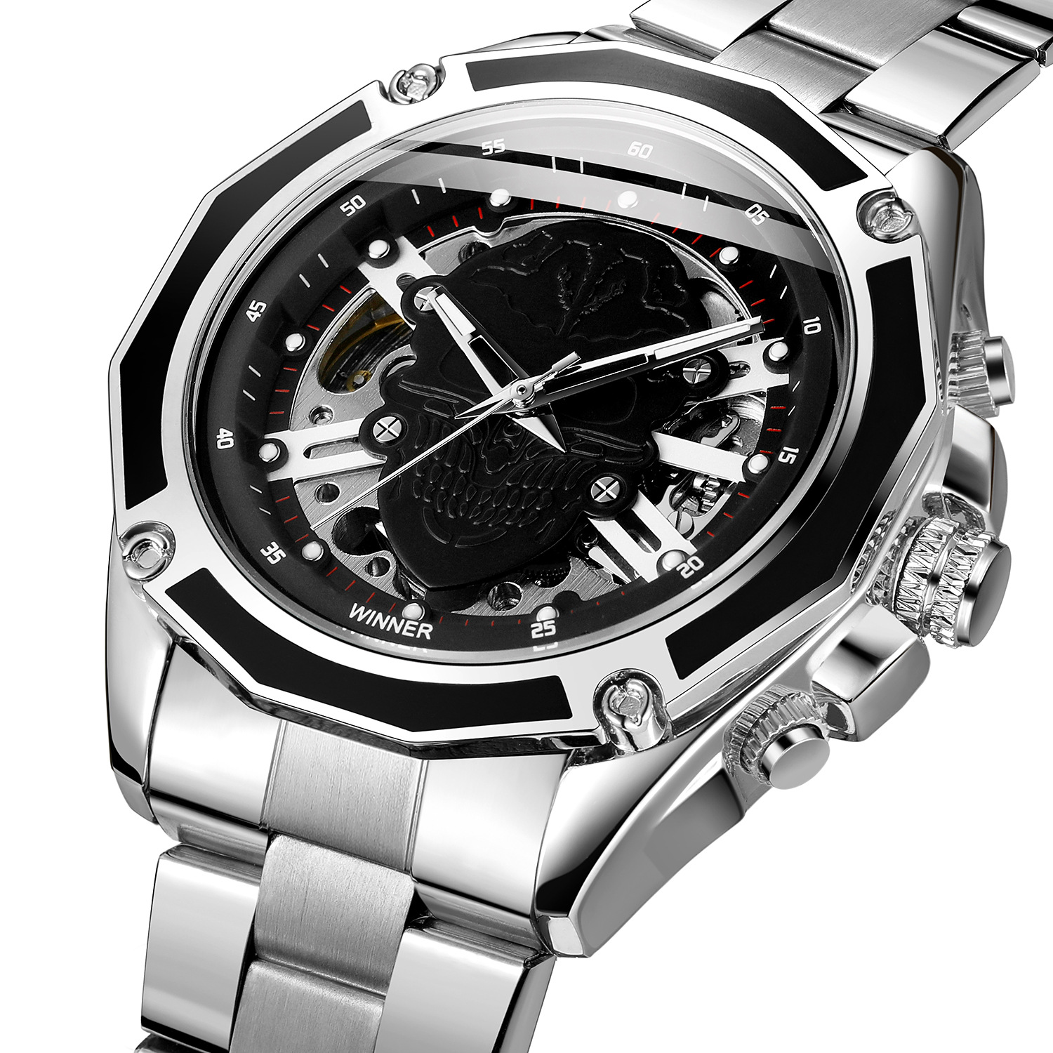 一件代发t-winner男士全自动机械表镂空骷髅头休闲手表带机械表