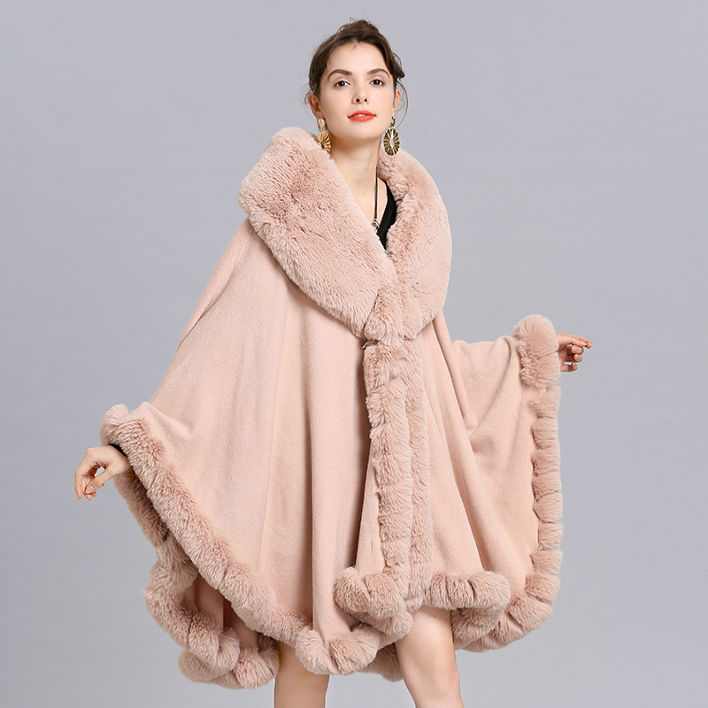 European and American New Large Size Coat Women's Cape and Shawl Loose Faux Fur Collar Knitted Cardigan Shawl Cape 1561#