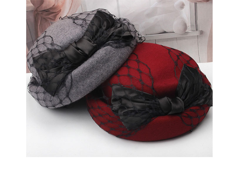 秋冬季羊毛呢大网纱贝雷帽复古优雅色丁蝴蝶结空姐帽蓓蕾礼帽子女