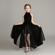 儿童礼服2024新款黑色无袖模特走秀主持长款钢琴演出服女童公主裙